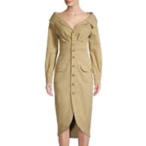 Staud Off The Shoulder Khaki Cargo Midi  Trench Dress Size 8 NWT - Picture 5 of 14